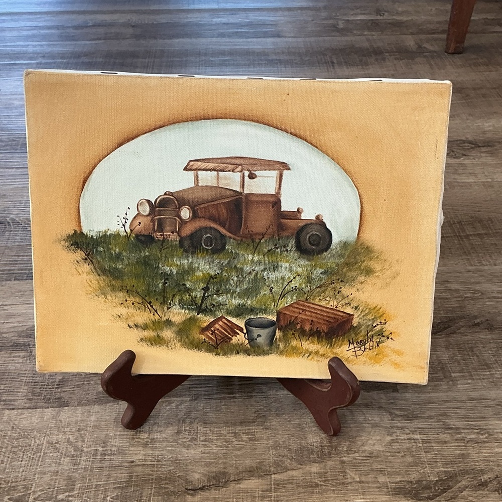 Original Oil Painting On Canvas Old Rusty Truck Farmhouse Signed 12x9 Neutral